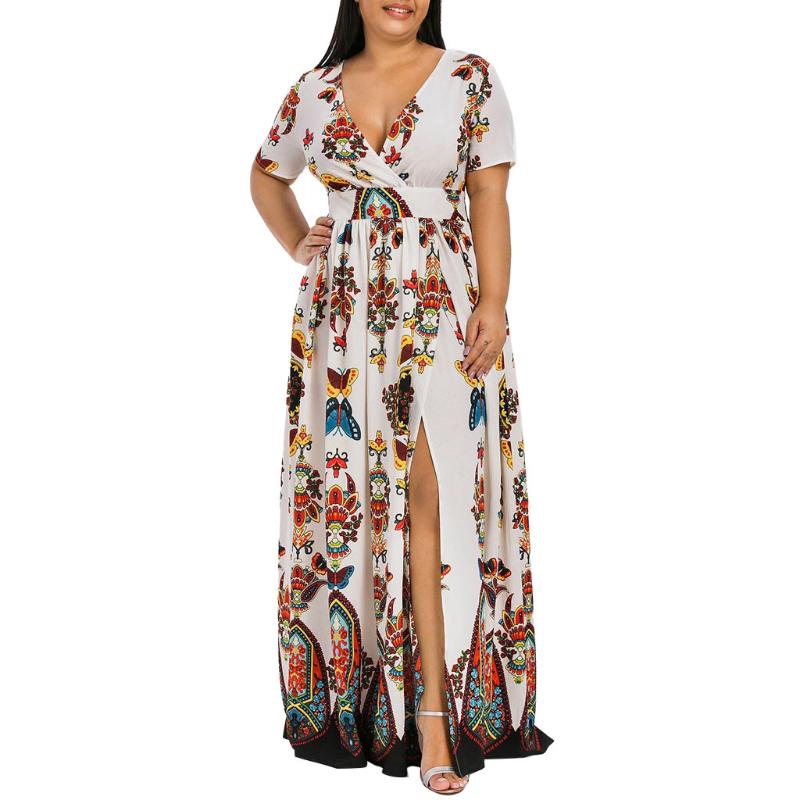 

Plus Size Dresses Bohemian Flower Print Women Butterfly Printed V-neck Short Sleeve Casual Long Beach Dress Vintage Robe Femme, Blue