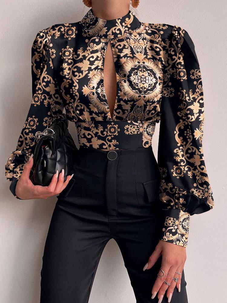 

Women' Blouses & Shirts Spring Women Sexy Backless Hollow Print Tops 2022 Casual Stand Long Sleeve Office Lady Fashion Party Crop Top, Khaki