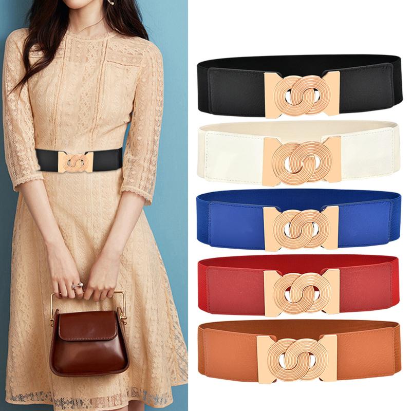 

Belts Summer Women Stretch Elastic Wide Corset Waist Golden Buckle Fabric Strap Female Apparel Accessories Dress Waistband, Black