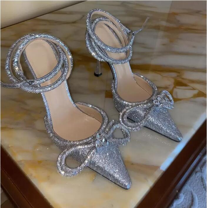 Dames Robe Chaussures Designer Talons Femme Fête De Mariage Talons Brillants Strass Double Arc Sandales