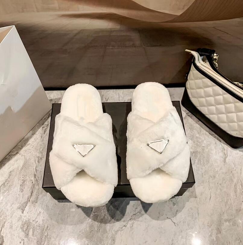 

Women Designer Cross Vamp Slippers Triangle Leisure shoes Luxury Plush Fashion warmth Flat Bottom Woollen Plush Slipper Womens Wool Home Sandal, Black