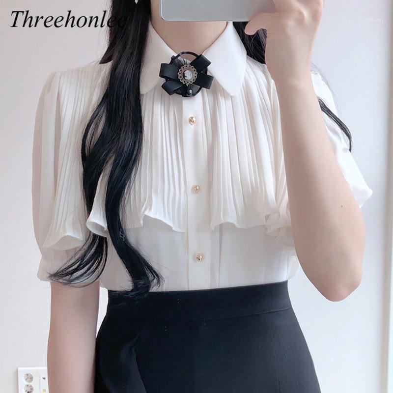

Women' Blouses & Shirts 2022 Summer Cute Tops Korean Fashion Solid White Button Bow Tie Ruffled Elegant Formal Sweet Female