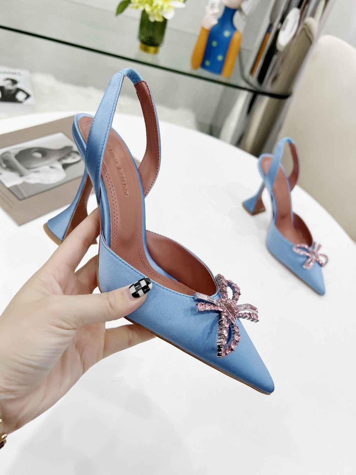 

Luxury New AMINA MUADDI Womens Bowknot Crystal Sandals 100% Pure Silk Fabric Wedding Party Shoes Size 35-42, With brand logo and box