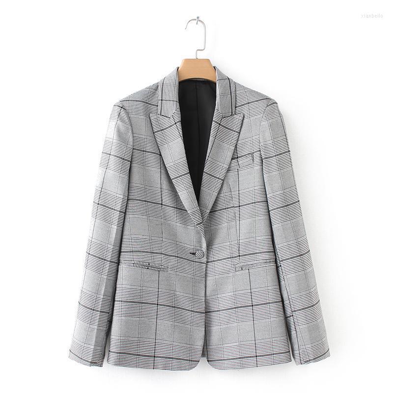 

Women' Suits & Blazers Casual Fashion Autumn Women Blazer Plaid Single Button Vintage Suit Jacket Notched Collar Long Sleeve Ladies Coat 17, Az8702 gray