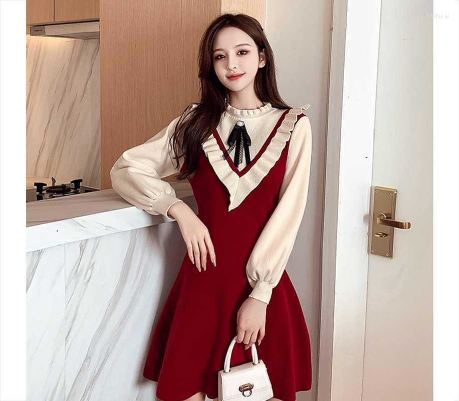

Casual Dresses 2022 Arrival Korean Women Knee-Length Long A-Line Folds Dress Elegant Female Vintage Solid Autumn O-Neck Vestidos, Black