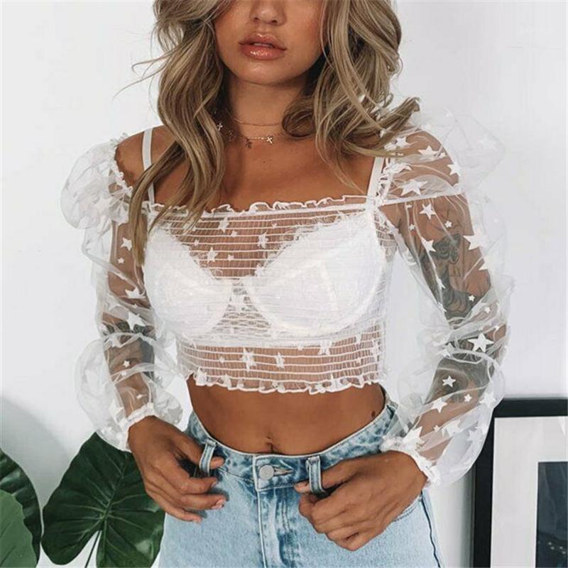 

Women Sexy Sheer Mesh Blouses Crop Top Summer Puff Sleeve Ruffle Blouse Shirt See-through Club Party Blusa Women' & Shirts, Black