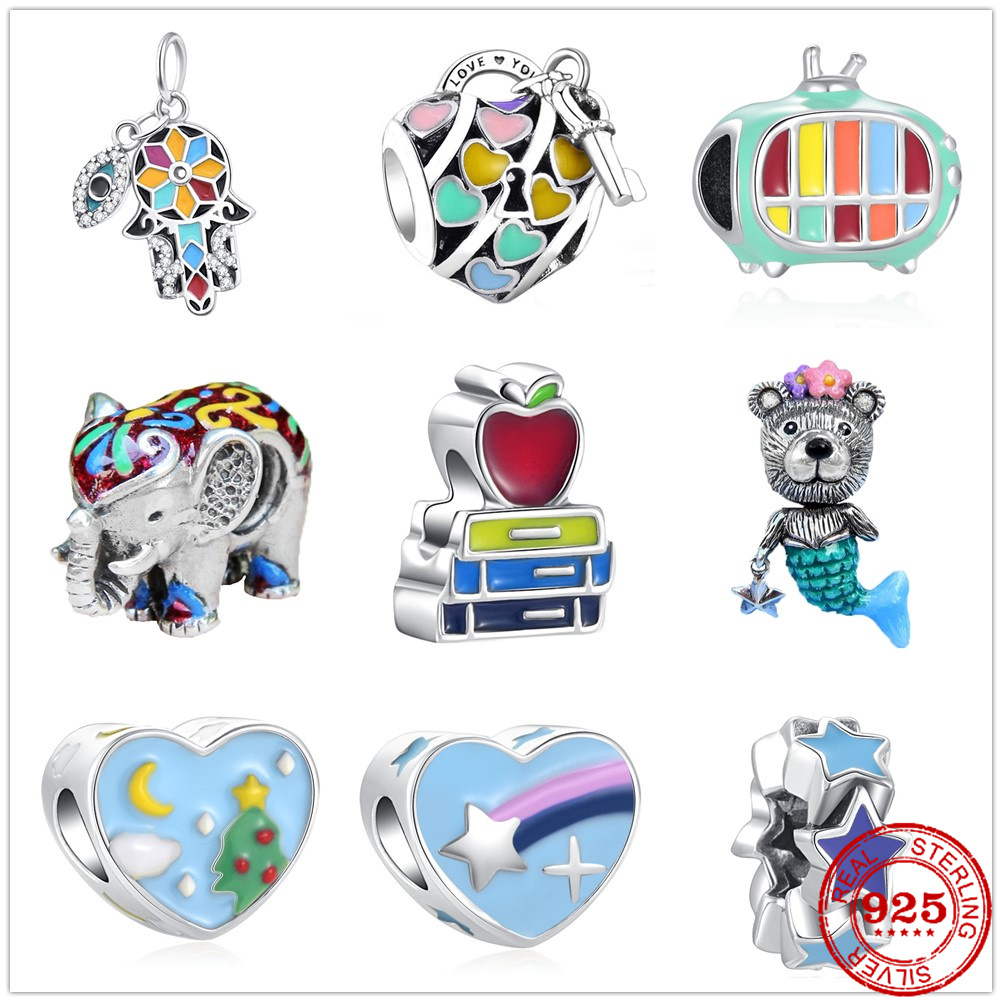 

925 Sterling Silver Dangle Charm Colorful Palm Beads Bead Fit Pandora Charms Bracelet DIY Jewelry Accessories