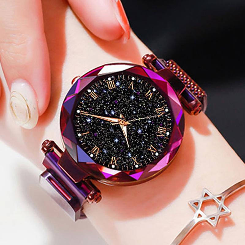 

Wristwatches Fashion Geometric Surface Starry Sky Women's Watches Luxury Magnetic Magnet Buckle Quartz Female Clock Reloj MujerWristwatc, Red