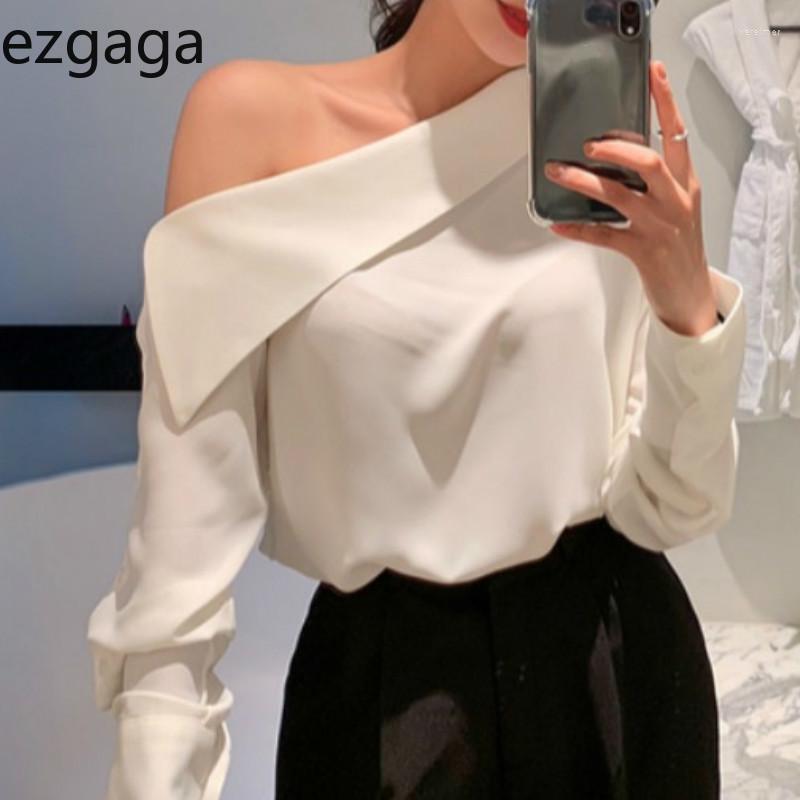 

Women's Blouses & Shirts Ezgaga Party Blouse Women Korean Chic Elegant Skew Collar Off Shoulder Loose Solid Long Sleeve Office Lady Fashion, Black