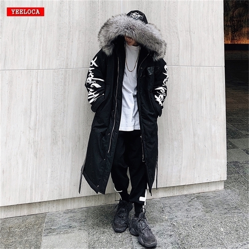 

Winter hip hop fashion long fur collar coat cotton jacket Hoodies clothing Street wear outerwear coats warm thick 201209, Black