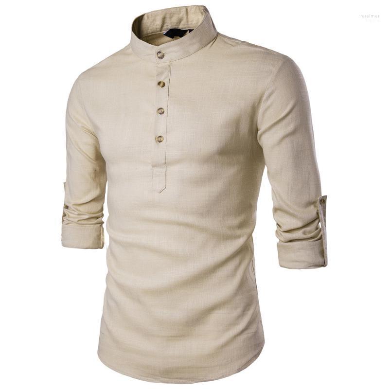 

Men' Clothing 2022 Men Spring Tops & Tees Male Fashion Stand Collar Long-sleeved Slim Base Shirt Homme Linen 03010 Casual Shirts Vere22, Beige