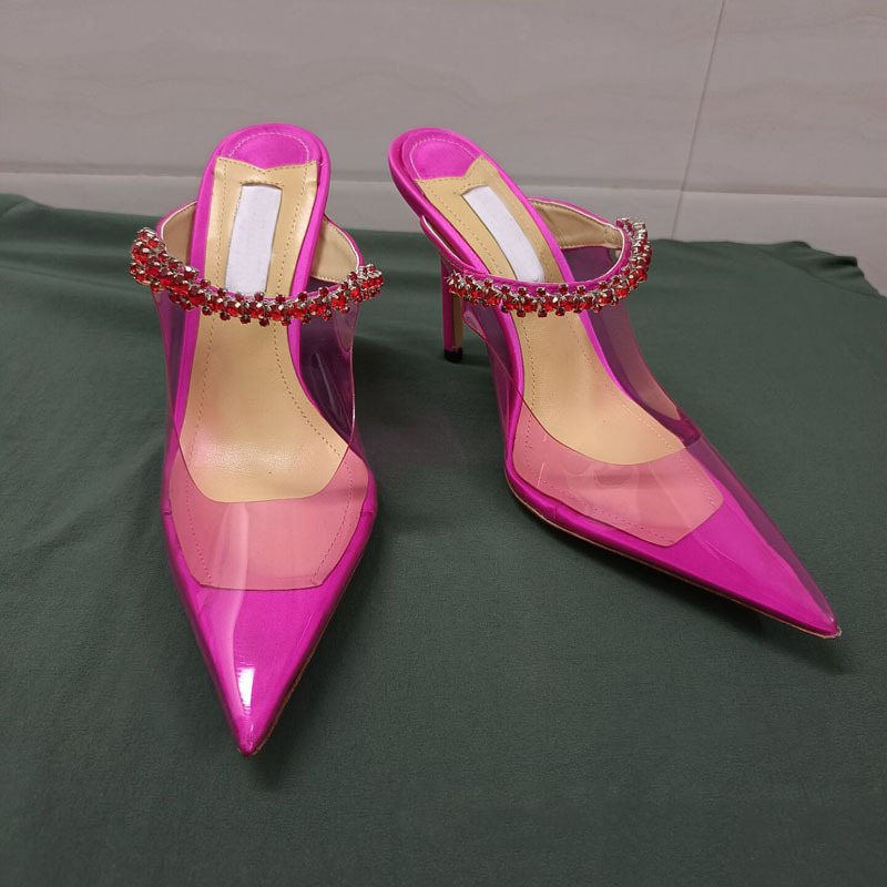 

Women High Heel Slippers Luxury Brand PVC Pointy Toe Crystal Sandals Summer Party Shoes Sexy Ladies Pumps Slides for Women, Green