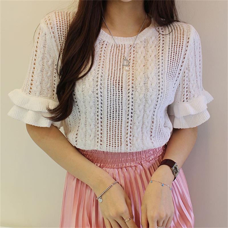 

Women's Sweaters Alien Kitty Women Office Lady Knitted Sweater T-Shirts Sweet Flare Sleeve Summer 2022 Vintage Soft Loose Chic Casual TeesWo, White