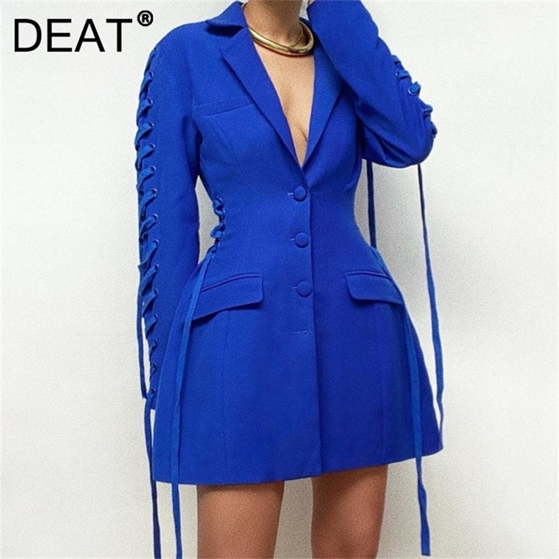 

DEATwomen Coat Blue Solid Notched Long Sleeve Bandage Cross Slim Waist Casual Style Jackets Spring Fashion 15JK426 220402