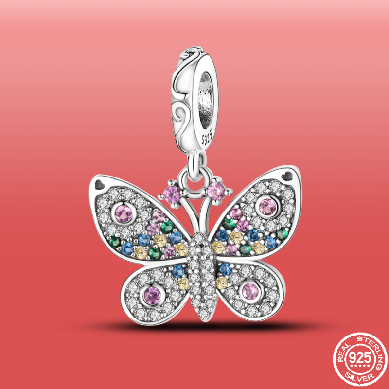 Breloques en argent Sterling 925, pendentif papillon délicat, perle de cristal colorée, adaptées aux bracelets Pandora, accessoires de bijoux à f