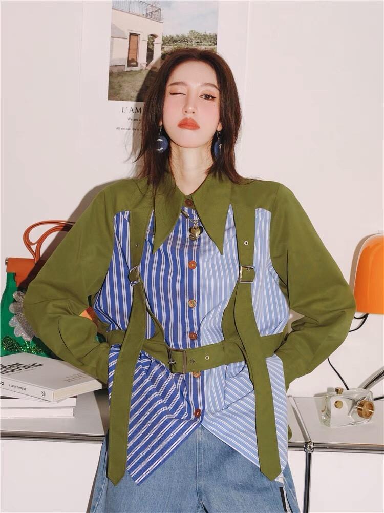 

Women' Blouses & Shirts Women Green Striped Buckle Big Size Blouse Loose Fit Shirt Fashion Tide Spring Autumn 2022 Ladies Tops Button Up Sh
