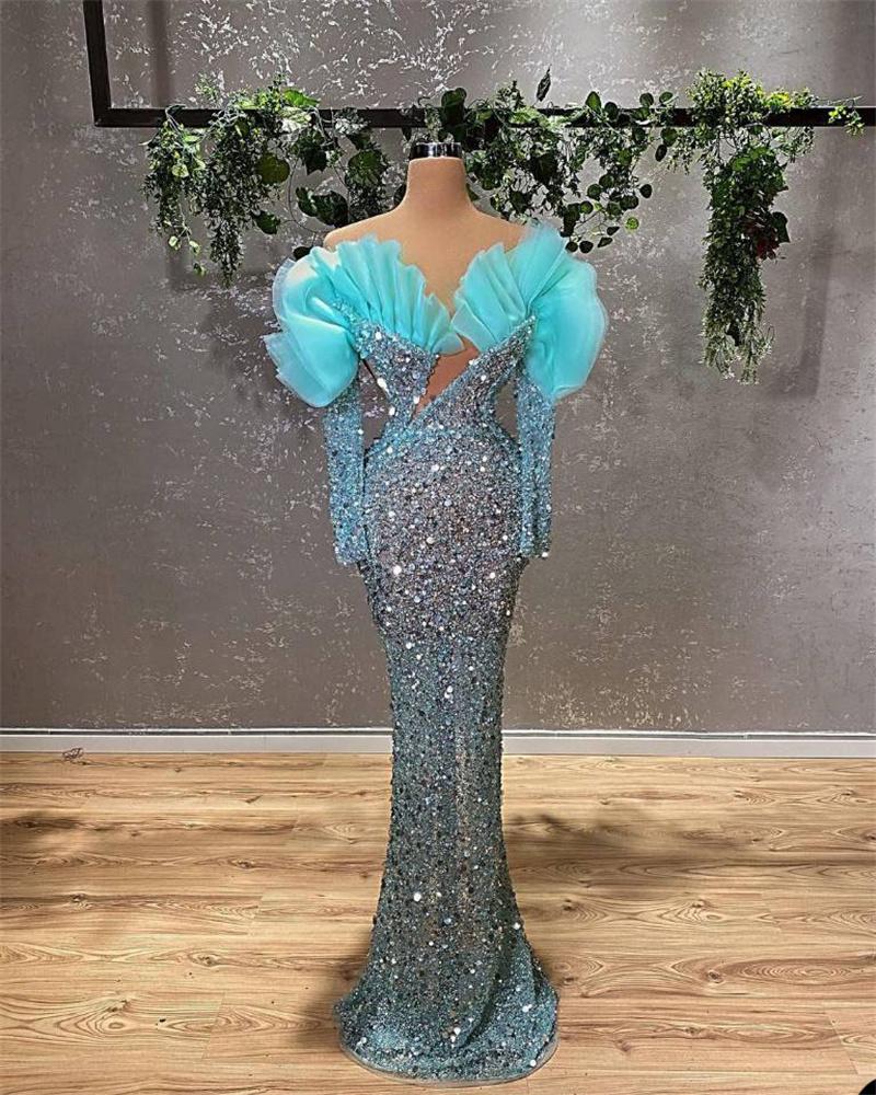 

Runway Dresses Sky Blue Mermaid Prom Long Sleeves Puffy Sequins Evening Dress Custom Made Off Shoulder Floor Length Party Gown, Purple