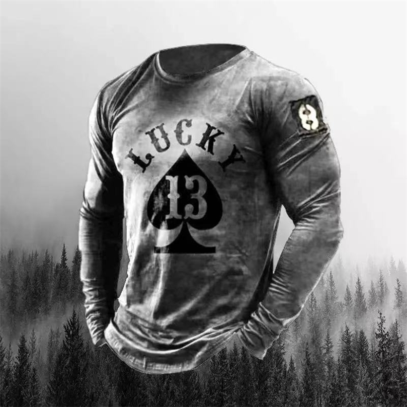 

Poker A Print T-Shirt Long Sleeve Winter O-Neck Soft Top Men' Fashion Skull Us Vintage Cotton Comfortable Clothes T-Shirt 220407