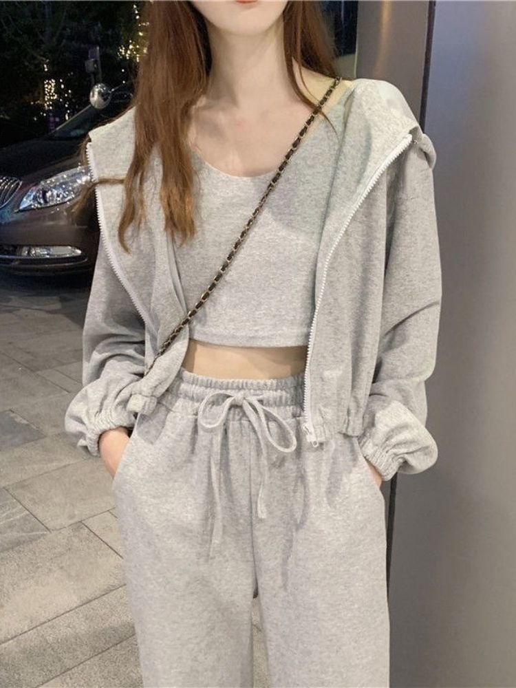 

Active Sets Female Running Tracksuit Women's Korean Version 123 Piece Gym Coat Loose Casual Fashion Sportswear Girl Jogging Suits 220826, Grey pants