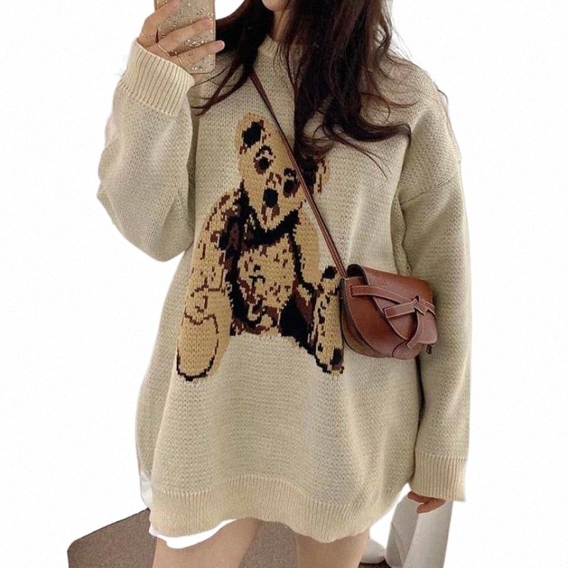 

women's Sweaters Korean Knitted Pullover Autumn Winter Age Reduction Cartoon Bear Loose Lazy Wind Medium Long Sweater Female H41I#, Creamy-white