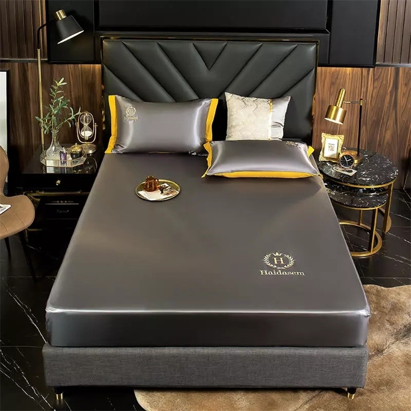 

WOSTAR Luxury ice silk fabrics elastic fitted sheet summer solid bedding mattress protector cover queen king size bed set 220629, Picture color