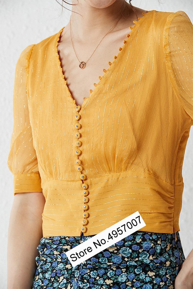 

Elfbop Ladies Puff Sleeve Yellow V Necklace Blouse Top Features Button Closure - Women Gold Thread Half With Ties Women' Blouses & Shirts, Color as real pic