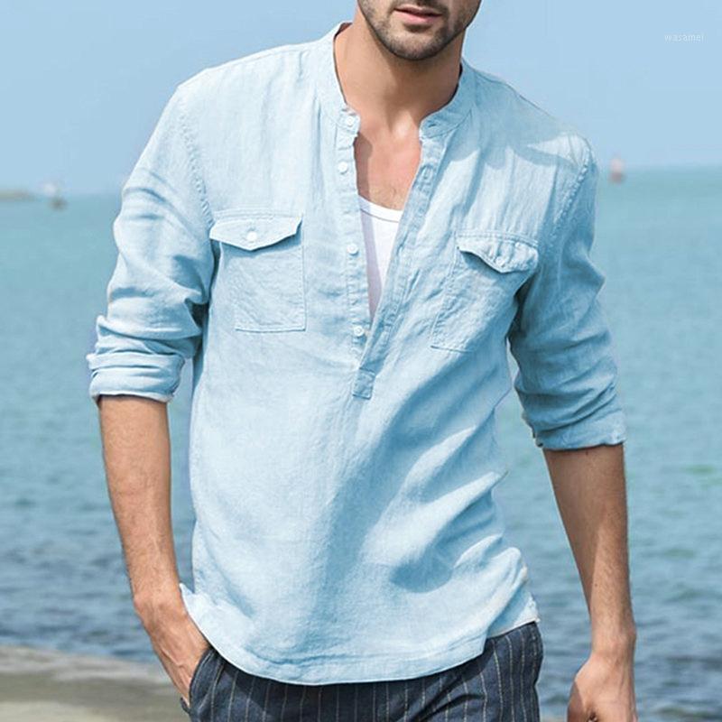 

Men's Casual Shirts Spring And Autumn Fashion Pure Color Cotton Linen Shirt Long Sleeves Stand Collar Breathable Wear, Black