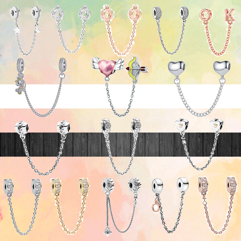 925 Sterling Silver Dangle Charm New Crown Stars Moon Arrows of Love OK Sparkling Safety Chain Beads Bead Fit Pandora Charms Bracelet DIY Jewelry
