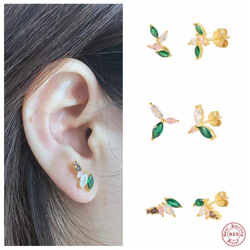 

Stud Aide 925 Sterling Silver Colored Oval Zircon Earrings Green Pink Crystal Leaf Branch Three Leaves Ear Studs CrawlersStud