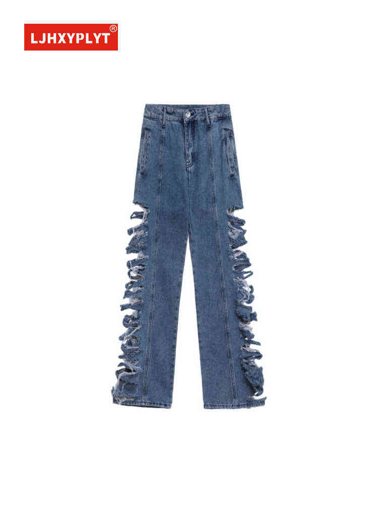 

The Whole Row Of Holes Blue Jeans Spring Summer New Retro Personality Design Neutral Loose Casual Pants Denim Trousers Female T220728