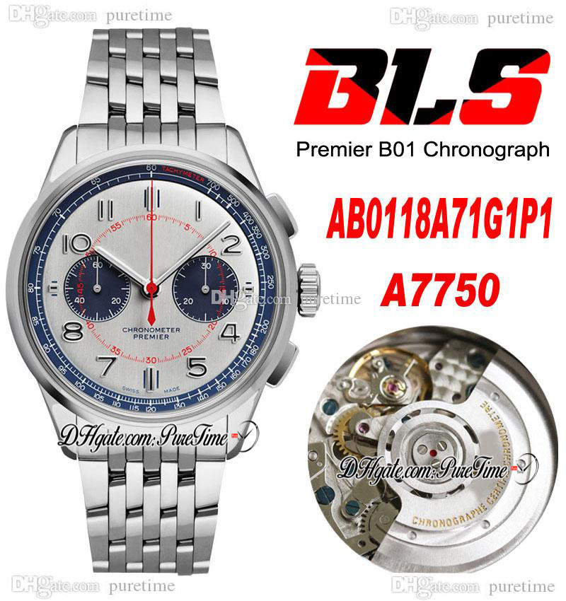

BLS Premier B01 42mm Eta A7750 Automatic Chronograph Mens Watch Steel White Blue Dial Stick Stainless Steel Bracelet AB0118221B1A1 Super Edition Puretime 04a1