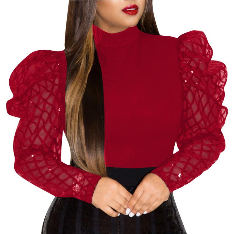

Women' Blouses & Shirts Sheer Mesh Puff Sleeve Blouse Shirt Long Autumn Fall Tops Elegant Vintage Turtleneck Women 2022