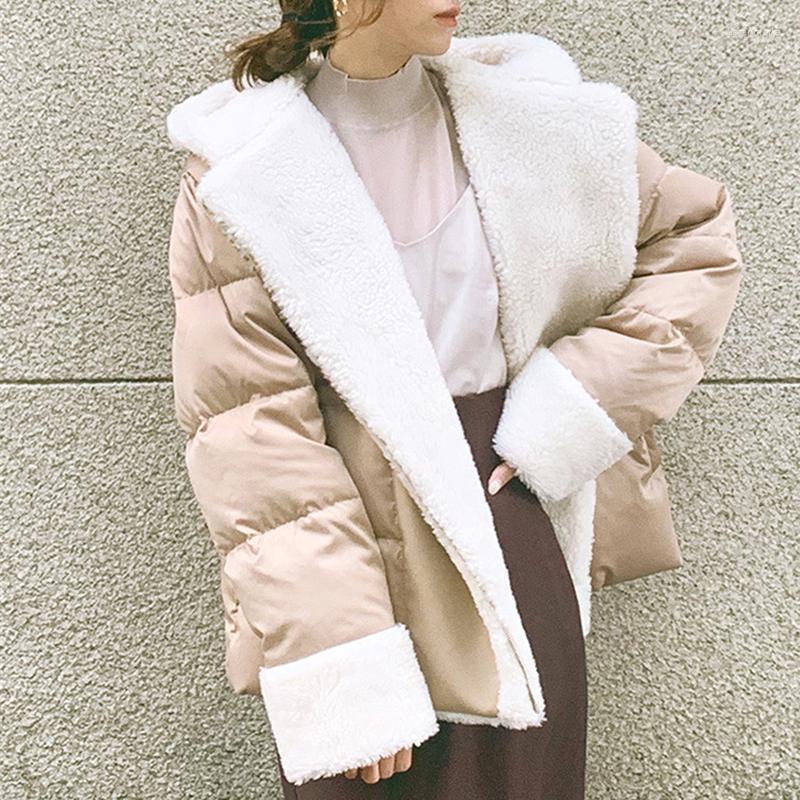 

Women's Down & Parkas Warm Lambswool Patchwork Winter Jacket Women Japan Style Elegant Temperament Irregular Hooded Double Pockets Jackets K, Ivory