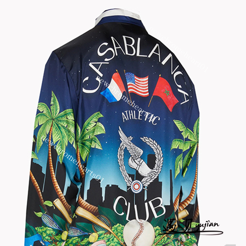 

Casablanca 22ss Designer Silk Shirts Island Flower and Bird Sports Baseball Men and Women Casual Loose Hawaiian Long Sleeve Shirt Casablanc, Blue
