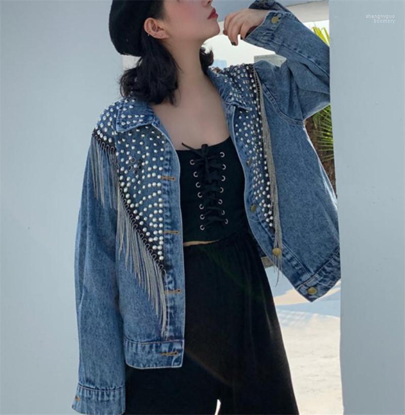 

Women' Jackets 2022 Autumn Streetwear Denim Jacket Women Hand-studded Rivet Tassel Chain Short Jeans Loose Black Coats Eans, Blue