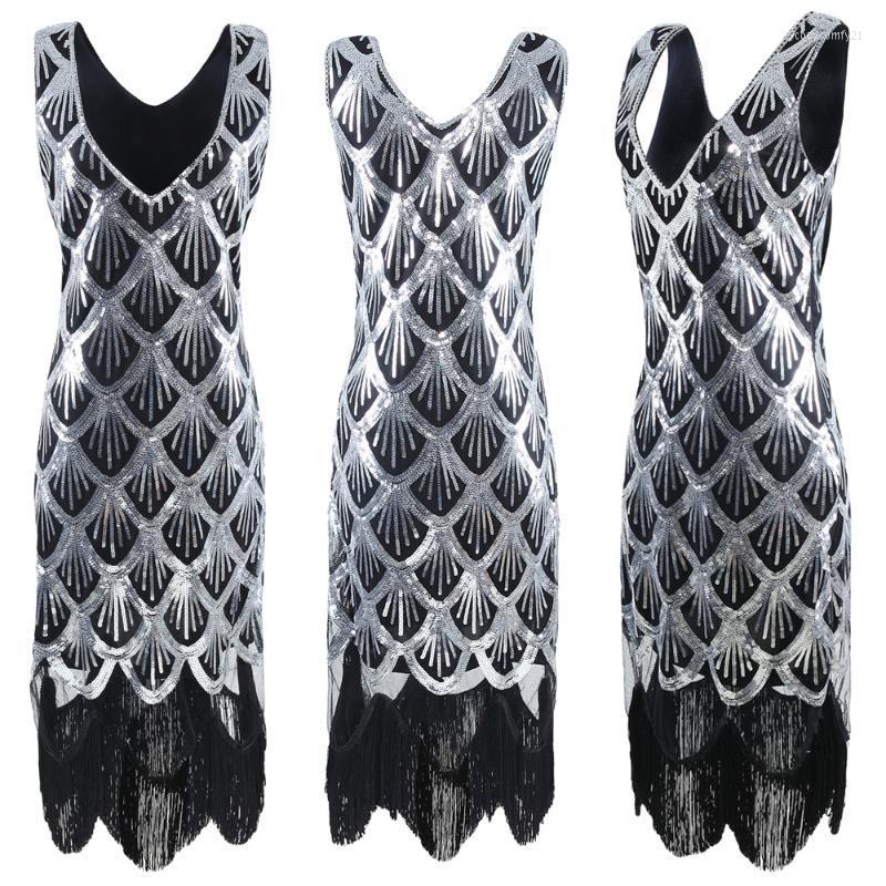 

Casual Dresses 1920s Vintage Women Great Party Dress V-Neck Sequin Beaded Fringe Tassel Flapper Wedding Evening Bodycon Vestido Costume, Black