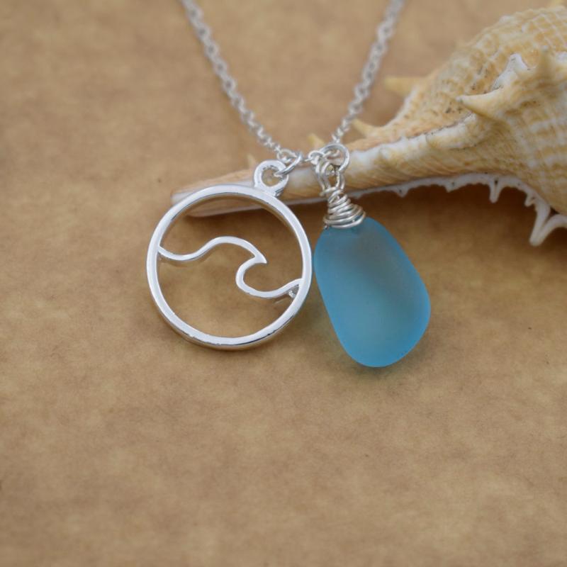 

Pendant Necklaces SanLan Wave Beach Blue Sea Glass Necklace Ocean Wedding Jewelry Gift For HerPendant