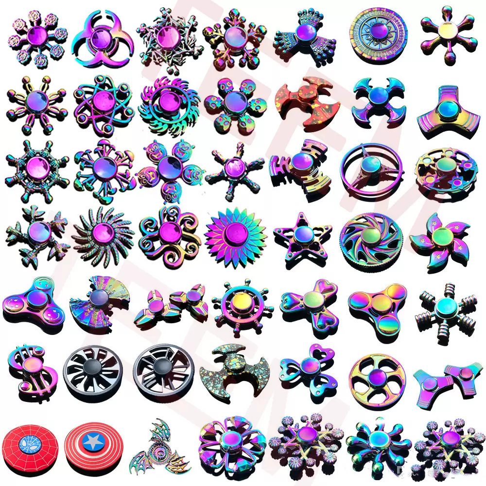 120 tipos en stock Pack Fidget Spinner Toys Rainbow Hand Spinners Tri-Fidget Metal Gyro Dragon Wings Ojo dedo Spinning Top Handspinner Witn Box