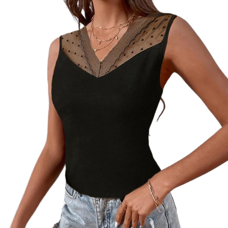 

Women' Tanks & Camis 2000s Sexy Y2K Women Summer Solid Color Tops Patchwork Design Lace Decor V-neck Sleeveless See Through Slim Crop TopWo, Black