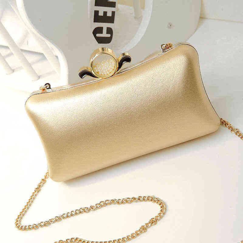 

Evening Bags Pu Fashio Small Women Evening Bags Flower Pearl Day Clutch Golden Metal Shoulder Chain Purse Retro Leather Purse 220323, Black