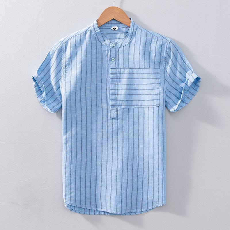 Chemises décontractées pour hommes L868 Été Chemise à rayures irrégulières Hommes Simple Frais Confortable Jeune étudiant Stand Collier Couleur M