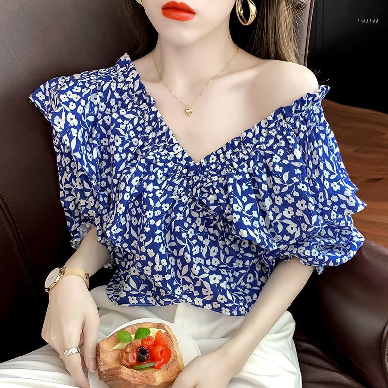 

Women' Blouses & Shirts Fashion Design Floral Chiffon Shirt Thin Women ' Summer Ruffled Elegant V- Neck Top Western Style, Blue
