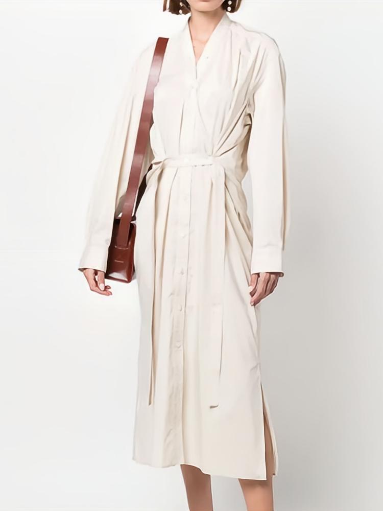 

Casual Dresses Women Dress 2022 Spring And Summer Solid Color V-neck Single-breasted Loose Lace-up Long-sleeved Midi DressCasual, Black