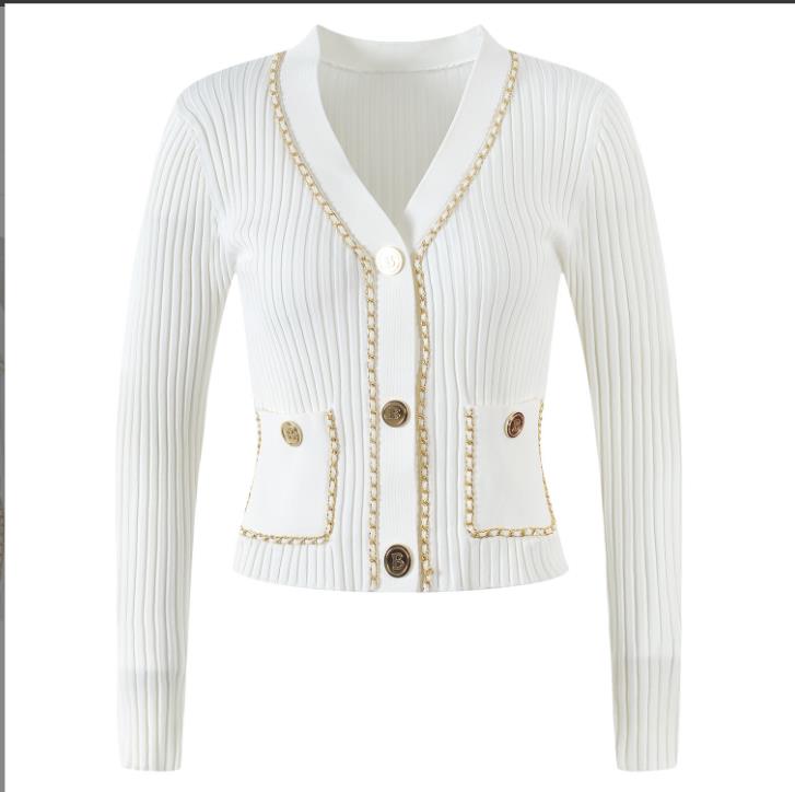 

716 2022 Milan Runway Autumn Summer Brand Same Style Sweater Long Sleeve V Neck Striped Cardigan Black White High Quality Womens yl