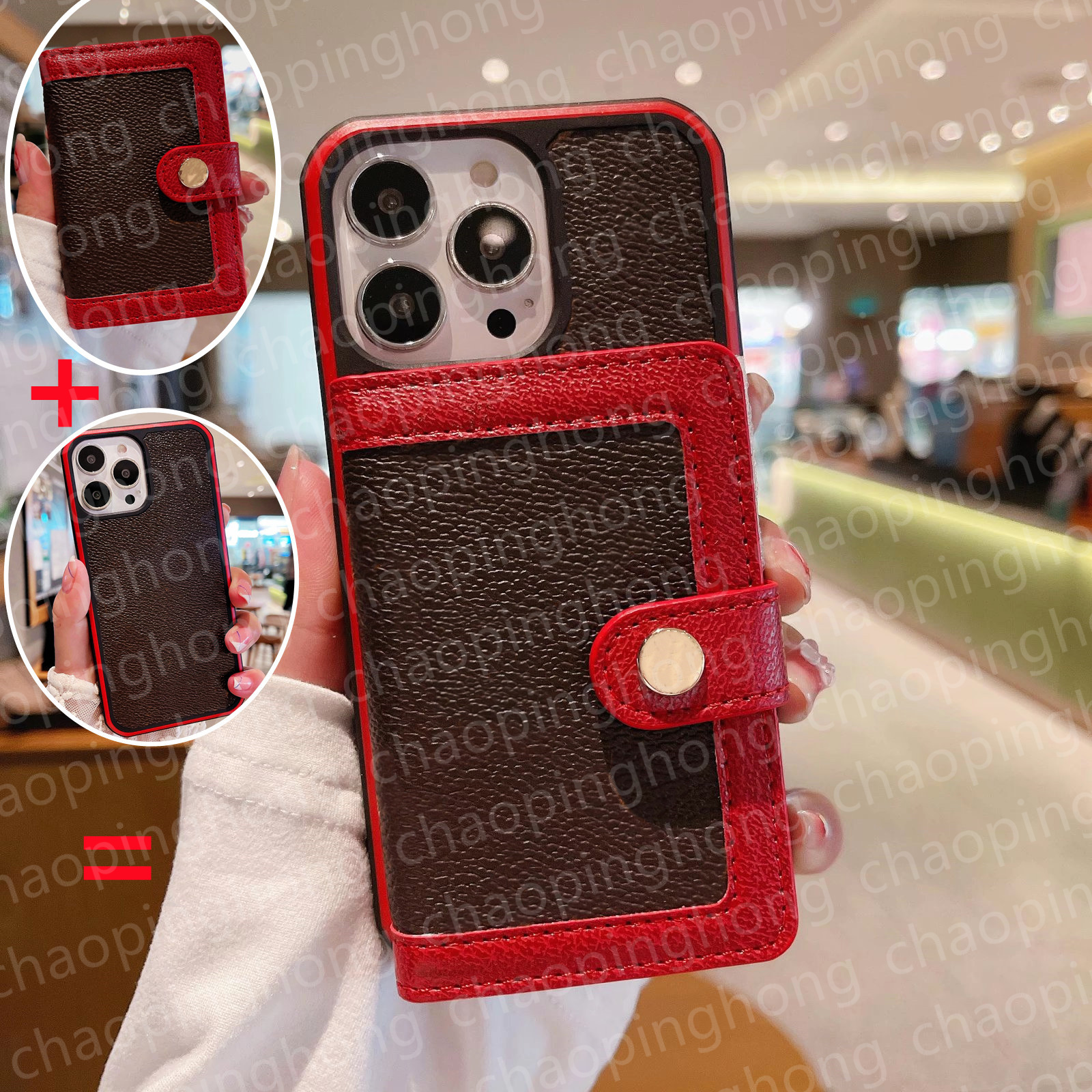 

Wallet Cases for iPhone 14 13 Pro Max i 12 11 XS XsMax XR 8 7 Plus Shell Luxury Brand Card Holder Credit Pocket Bags Fashion Designer Leather Brown Flower Shockproof Cover, Gift box