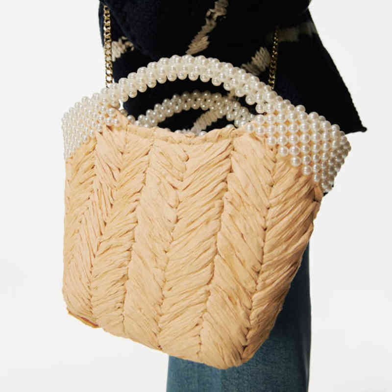 

Evening Bags Pearl Beaded Summer Women Handbag Metal Chain Straw Woven Ladies Shoulder Basket Casual Fashion Female Crossbody Bag Tote 220407, Beige