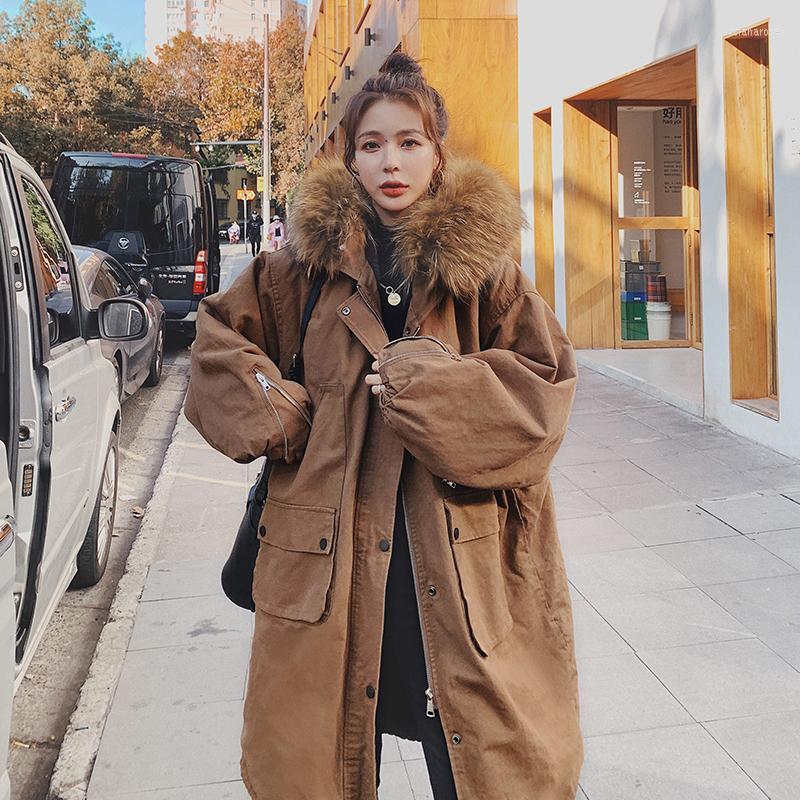 

Women' Down & Parkas Female Parker Winter Style Hooded Big Fur Collar Liner Korean Fashion Loose Suit Plus Velvet Cotton Coat PPIIOO Luci22, Photo color