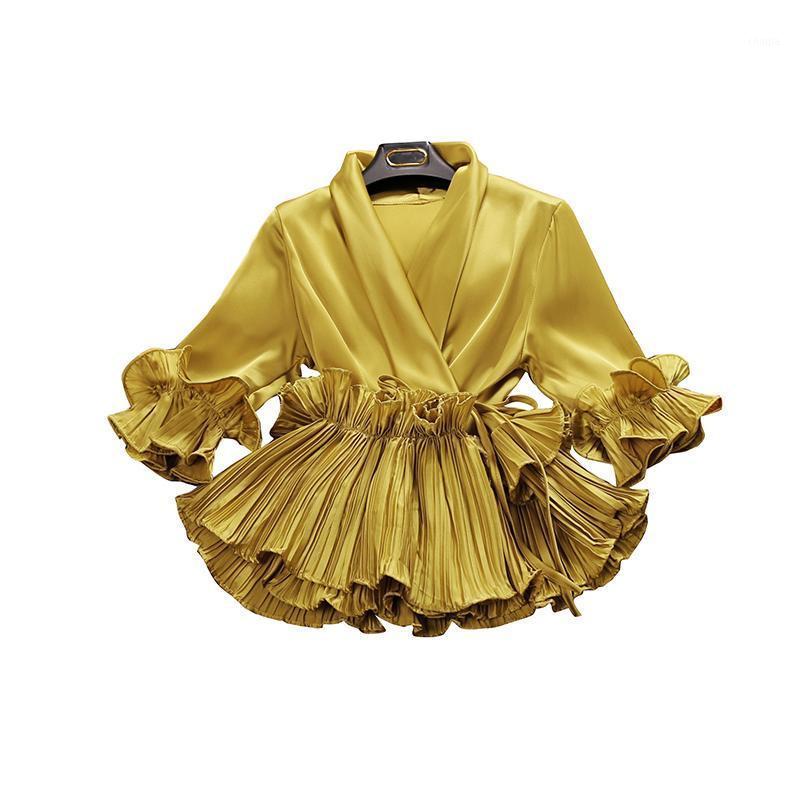 

Women's Blouses & Shirts 2022 Spring And Summer Female Deep V-neck Ruffles Lace Up Chiffon Shirt Three Quarter Sleeve Women, Black