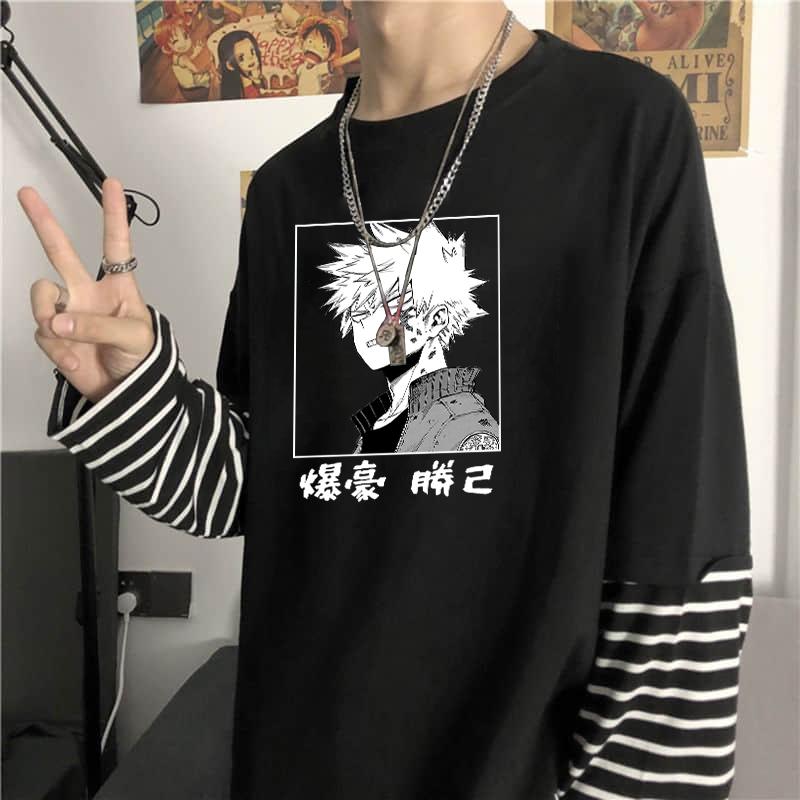 

Men's T-Shirts Anime My Hero Academia Bakugou Katsuki Oversize Long Sleeve T-Shirt Summer Fashion Street Unisex Fake Two Pieces Stripes T Sh, White;black