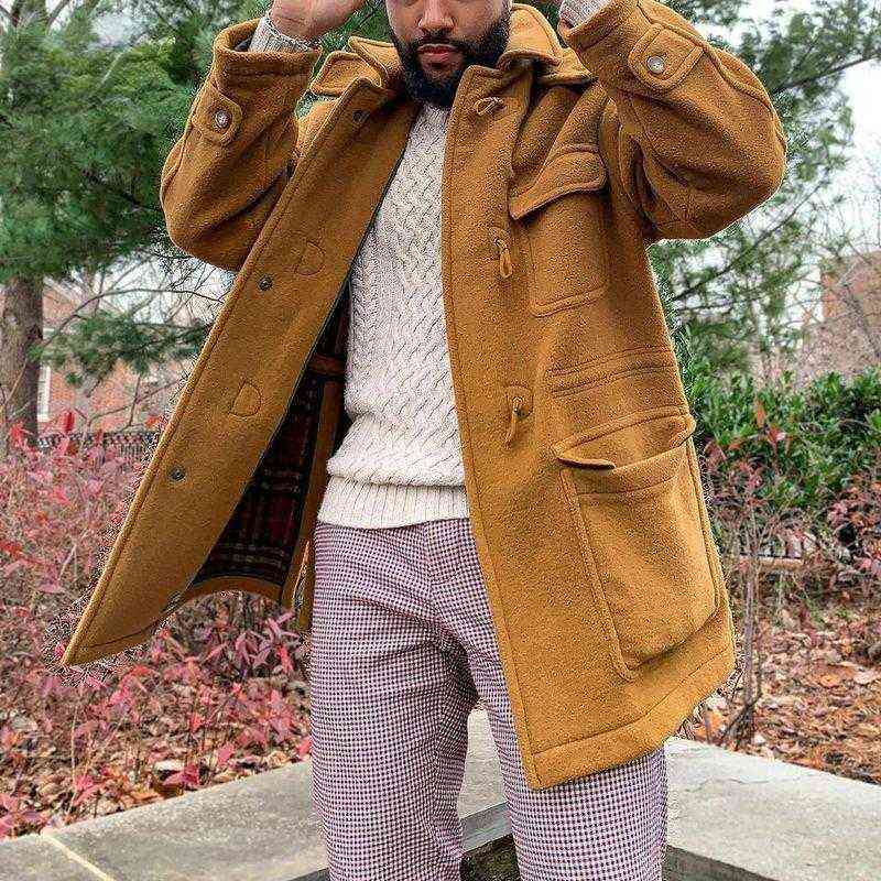 

Men's Wool & Blends Autumn Winter Mid-Length Fashion Solid Mens Jacket Men Hooded Pocket Overcoat T220810, Orange